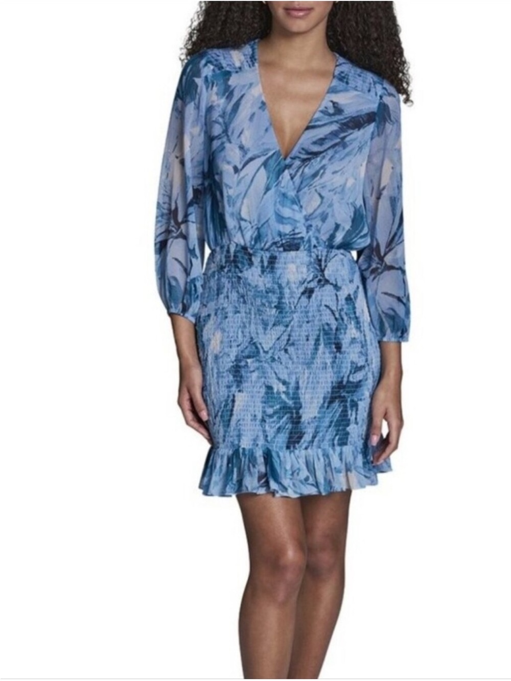 BCBG Floral Chiffon Mini Dress Women's 4 Smocked Long Sleeve Blue Printed NWT